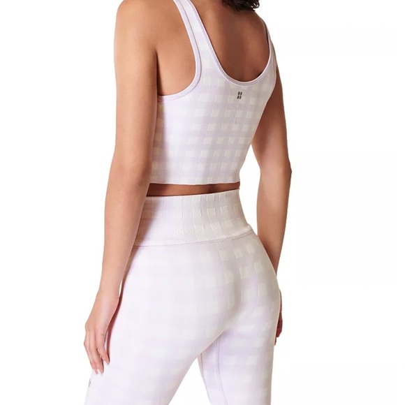 Sweaty Betty pink and white gingham seamless biker shorts and top coord set NWT - Picture 2 of 15